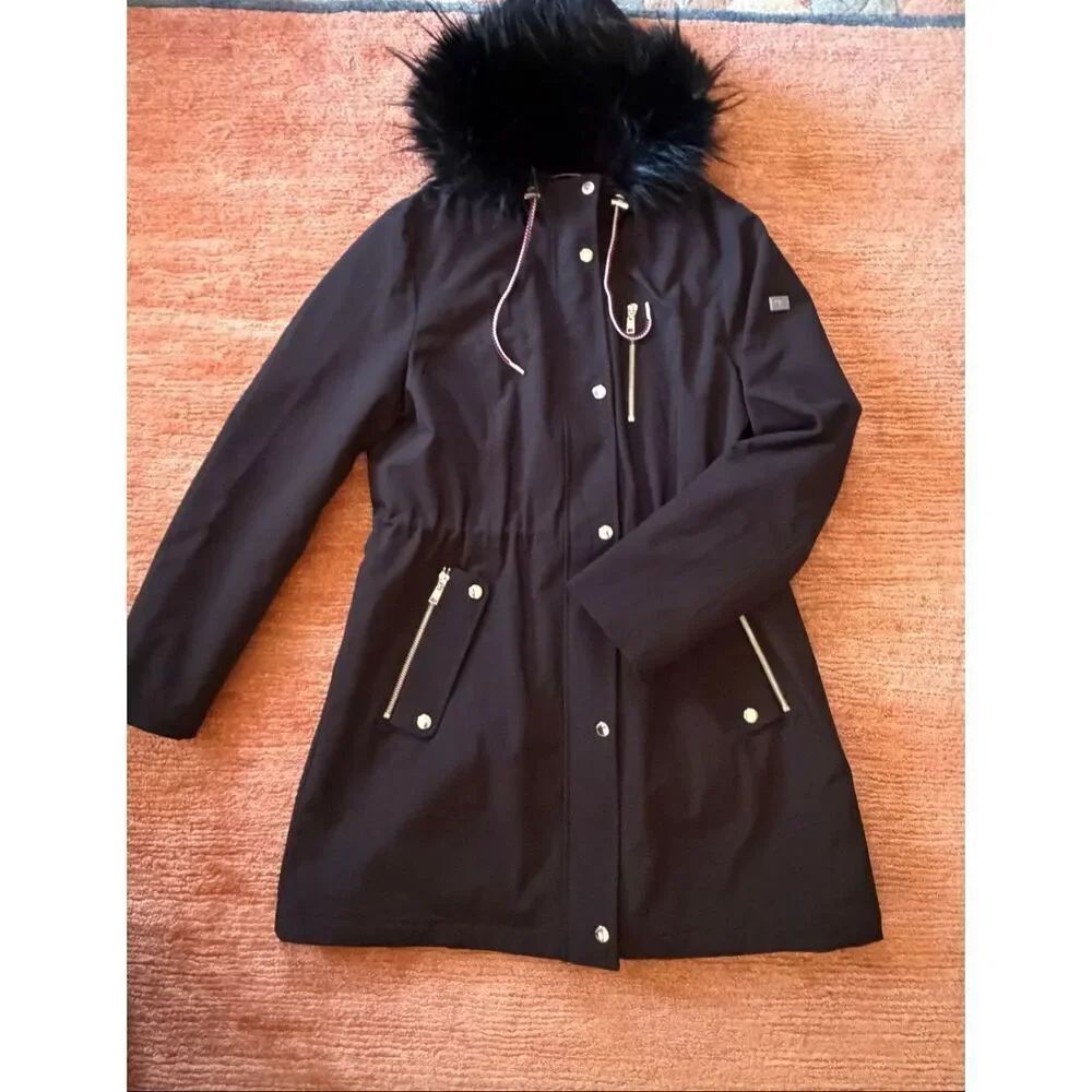 Tommy Hilfiger Black Faux Fur Hooded Parka Coat Size L